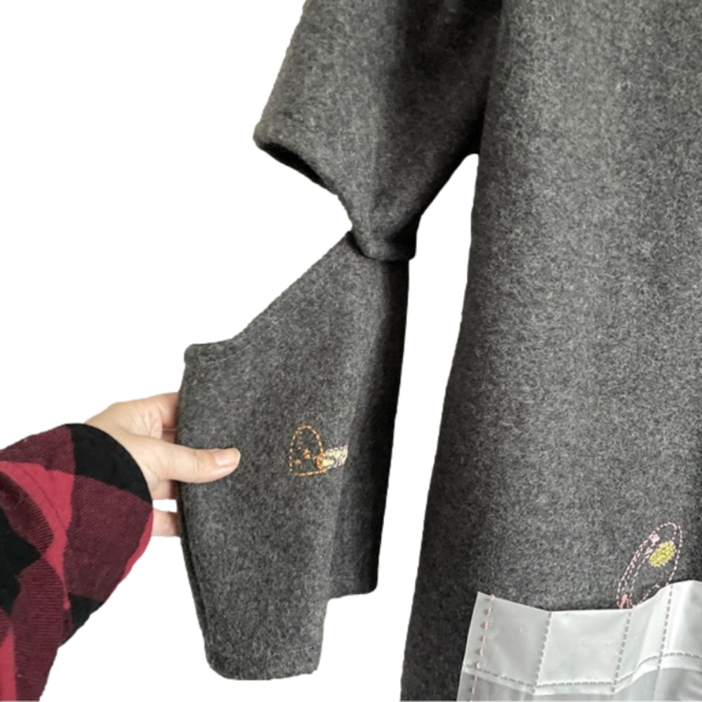 Handmade Gray Wool Elbow Cut-Out Embroidered Mid-Length Coat - 6/8, M, OOAK! - Picture 9 of 14